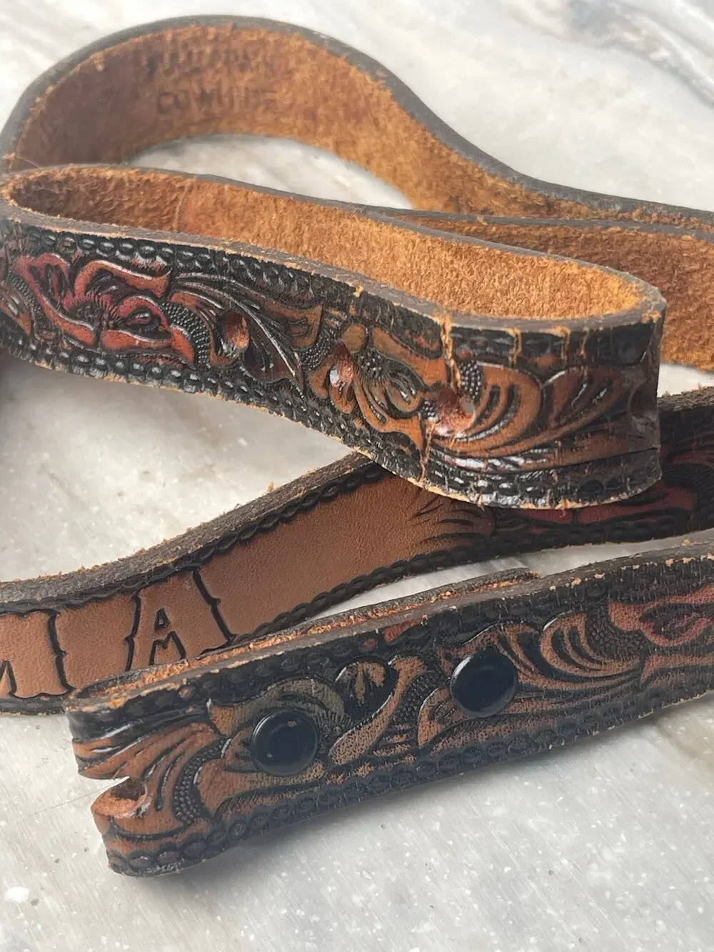 Belt Size 34 LeatherFull Grain Cowhide Thelma Hand Tooled Western Name Vintage